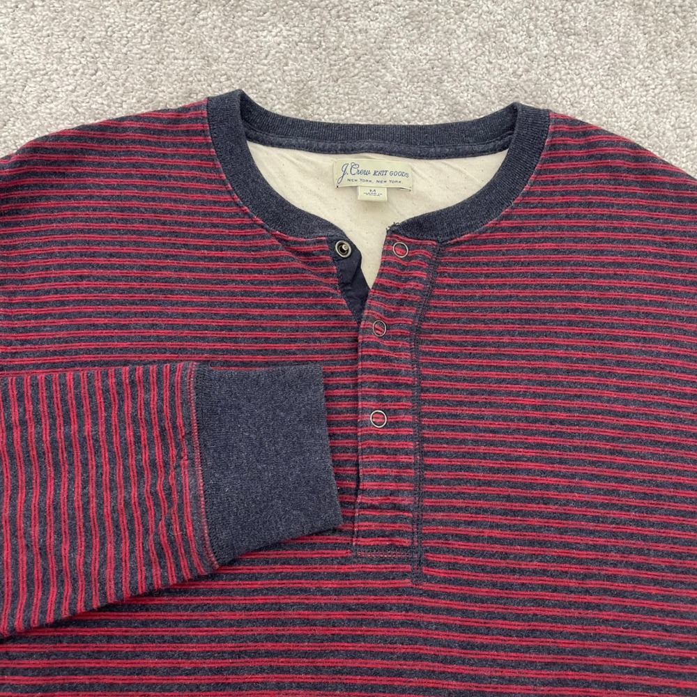 J Crew Henley Shirt Mens Medium Knit Goods Navy Red Striped Long Sleeve Cotton